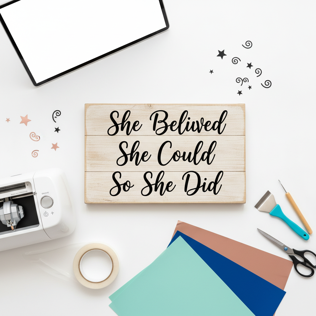 Motivational Quote SVG Bundle mockup with wooden sign and Cricut machine